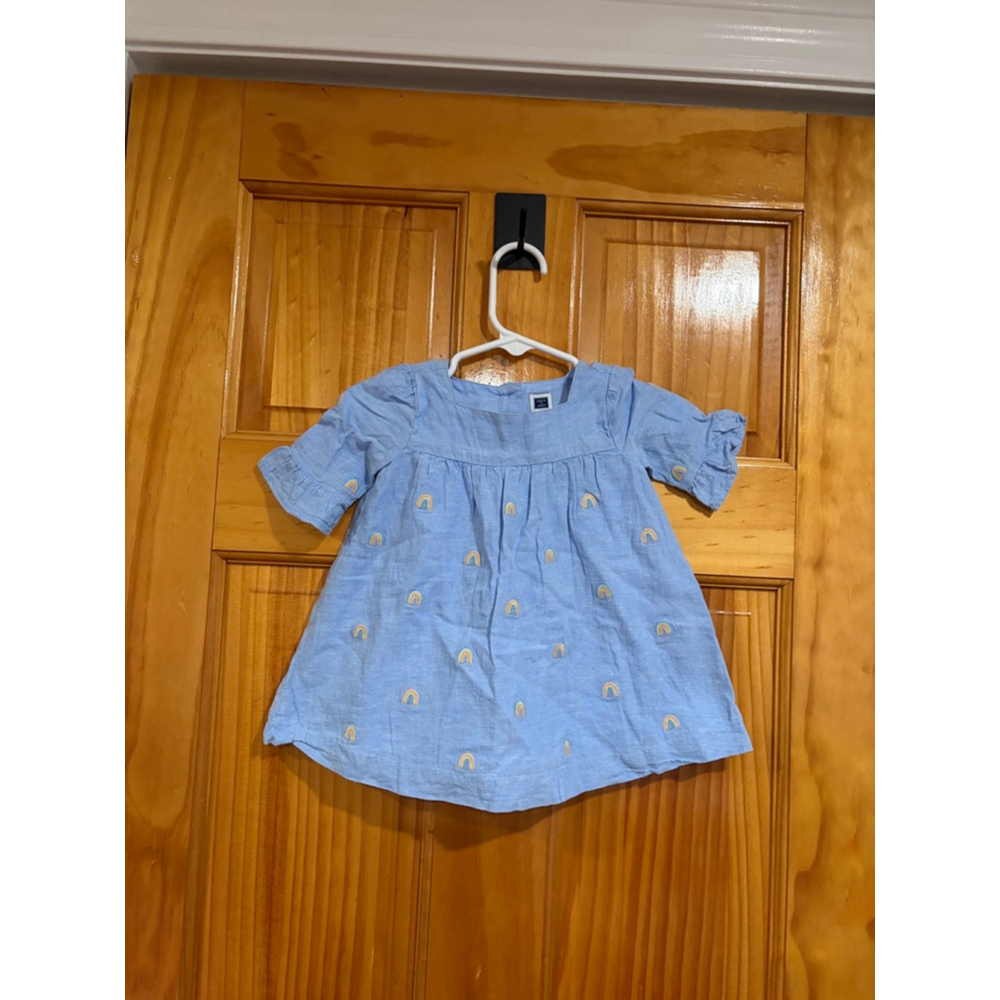 Janie and Jack Baby Girl Blue Linen Rainbow Embroidered Dress 3–6 Months